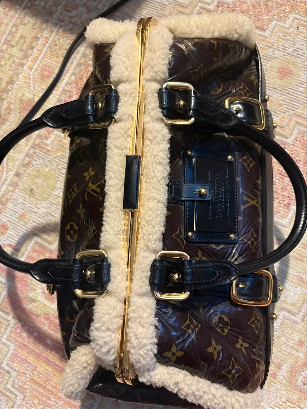 Louis Vuitton Brown Monogram Patent and Cream Shearling Trim Satchel - Picture 8 of 16